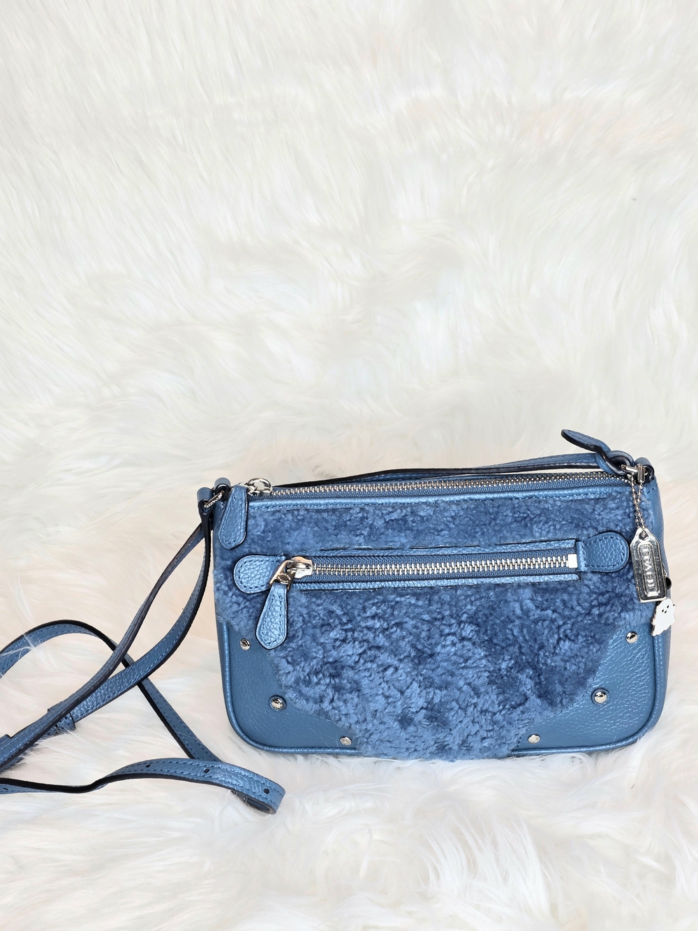 Coach Rhyder Shearling & Pebble Leather Crossbody Bag In Blue  Style #36490 - Picture 4 of 11